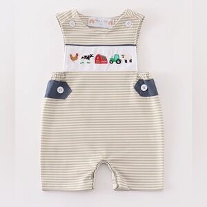 Abby & Evie Striped Baby Jon Jon with Farm Embroidery